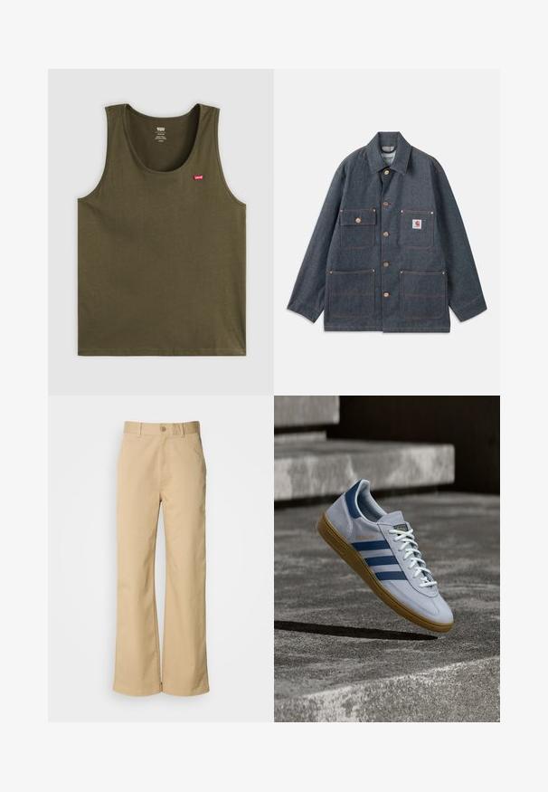 Jeansjacke in Dunkelblau mit lässiger Passform, ausgestattet mit Kupferknöpfen und vier Fronttaschen. Kontrastnähte durchgehend.; Olivgrünes Tanktop aus weichem Stoff, mit rundem Halsausschnitt und einem kleinen roten Logo auf der oberen linken Seite. Einfaches Design, ohne Muster oder Akzente.; Beige, weit geschnittene Hosen aus einer Baumwollmischung. Mit einem Knopfverschluss und Gürtelschlaufen. Glatte Textur mit minimalen Nähten.; Hellblauer Adidas Spezial Sneaker mit dunkelblauen Streifen und Gummisohle, in der Luft über Betontreppen in neutralem Außenbereich gezeigt.
