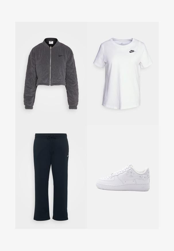 Beskaaret grå bomberjakke lavet af blødt, quiltet materiale. Har en frontlynlås, ribbet krave og elastiske manchetter. Nike-logo på brystet.; Hvid bomulds t-shirt med rund halsudskæring og korte ærmer. Har et sort Nike-logo i det øverste venstre brystområde.; Sorte sweatpants med elastisk talje og justerbar snor. Har et lille hvidt Nike-logo på venstre side. Blød stofstruktur.; Hvid lavtop sneaker med perforeret tå, Nike swoosh og dekorative hvide blomsterdetaljer på hælen og siden.