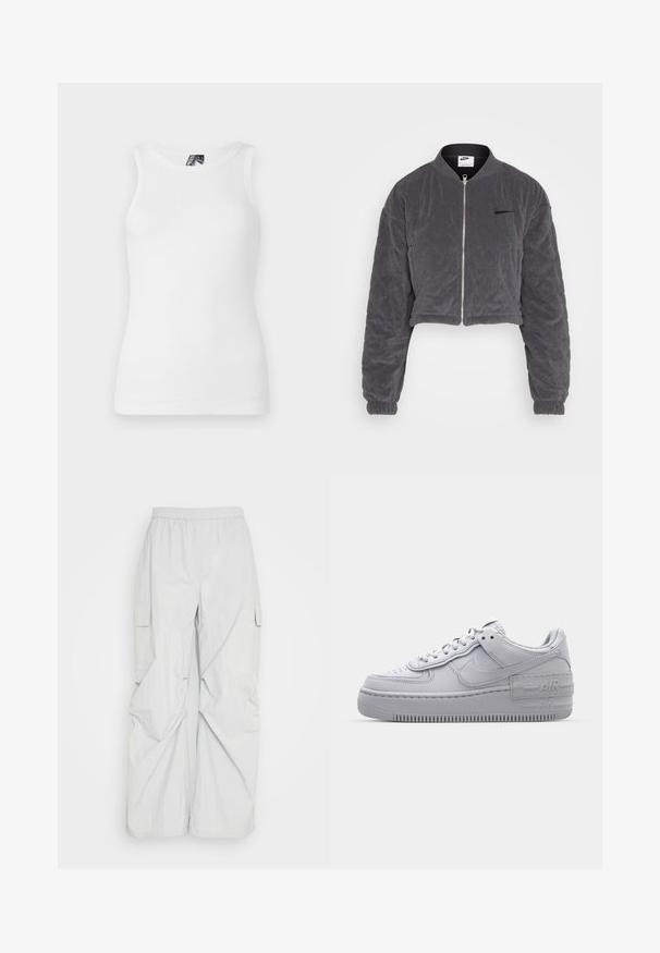 Chaqueta bomber gris recortada hecha de un suave material acolchado. Presenta un cierre frontal, un cuello de canalé y puños elásticos. Logo de Nike en el pecho.; Top de tirantes blanco con canalé, que presenta un escote redondo y un diseño sin mangas, hecho de una suave mezcla de algodón con una silueta ajustada.; Weekday NILA TRACKSUIT TROUSER - Pantalones - grey dusty light; Zapatilla Nike Air Force 1 gris con puntera perforada, parte superior de cuero suave, suela gruesa y detalle en relieve 'AIR' en el talón.