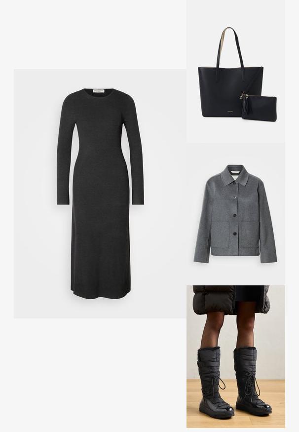Grijze jas van een wolmix met een kraag, knoopsluiting aan de voorkant en twee grote zakken. Recht gesneden mouwen met een gladde textuur.; Langsleeve, donkergrijze gebreide jurk met een fitted silhouet, ronde halslijn en zijsplitten voor gemakkelijke beweging. Glad textuur overal.; Zwarte pufferlaarzen tot de knie met nepbontafwerking, glanzend waterdicht bovenwerk, textuurzool en verstelbare veters.; Zwarte totebag van gestructureerd materiaal, met twee lange handvatten en een afneembare tas met rits voorzien van een franjesdetail. Gouden merklogo zichtbaar.