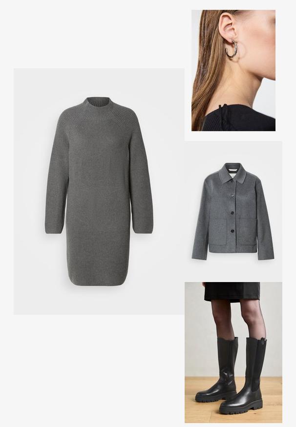 Veste en mélange de laine grise avec col, fermeture boutonnée à l'avant et deux grandes poches. Manches droites avec une texture lisse.; Robe en tricot grise avec un col haut et des manches longues, présentant une texture côtelée et une coupe droite légèrement ample. Pas de motifs ni d'accents visibles.; Bottes noires jusqu'au genou avec un extérieur en cuir lisse, des panneaux latéraux en élasthanne et une semelle en caoutchouc épaisse avec un motif de semelle texturé.; Boucle d'oreille en argent avec une finition polie, présentant de petits détails en or et de forme ronde, portée sur le lobe.