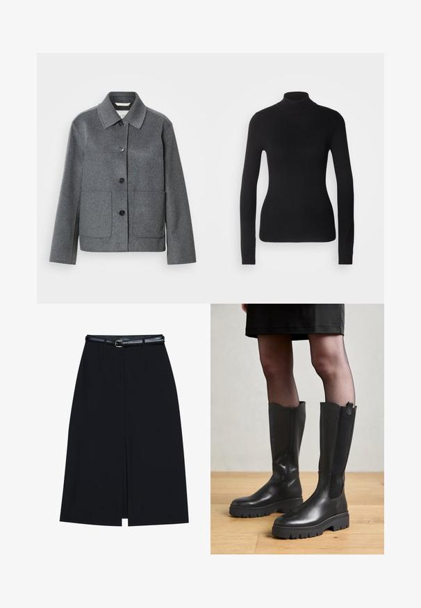 Veste en mélange de laine grise avec col, fermeture boutonnée à l'avant et deux grandes poches. Manches droites avec une texture lisse.; Pull à col roulé noir en maille légère. Il possède des manches longues, une coupe ajustée et une texture côtelée douce.; Jupe noire à mi-cuisse avec une fente frontale, fabriquée en tissu lisse. Comprend une fine ceinture noire avec une boucle en argent et des passants.; Bottes noires jusqu'au genou avec un extérieur en cuir lisse, des panneaux latéraux en élasthanne et une semelle en caoutchouc épaisse avec un motif de semelle texturé.
