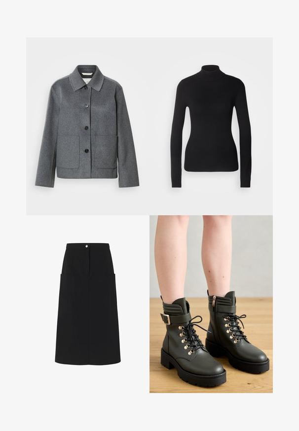 Grå uldblandet jakke med krave, knaplukning foran og to store lommer. Ærmer med lige snit og glat tekstur.; Sort turtleneck sweater lavet af let strikket stof. Har lange ærmer, et tætsiddende design og en blød ribbet tekstur.; Modström SKIRT - Pencil skirt - black; Mørkegrønne ankelstøvler i glat læder, med snørebånd, messingfarvede øjer og en sidelukning, samt en kraftig sort skridsikker sål.