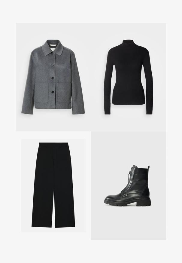 Veste en mélange de laine grise avec col, fermeture boutonnée à l'avant et deux grandes poches. Manches droites avec une texture lisse.; Pull à col roulé noir en maille légère. Il possède des manches longues, une coupe ajustée et une texture côtelée douce.; Pantalons noirs à jambe large en tissu lisse. Dotés d'une taille plate avec passants de ceinture et sans poches visibles. Design simple.; Bottine en cuir noir avec une semelle en caoutchouc épaisse, fermeture éclair sur le côté, texture lisse et bout légèrement arrondi. Design minimaliste sans motifs.
