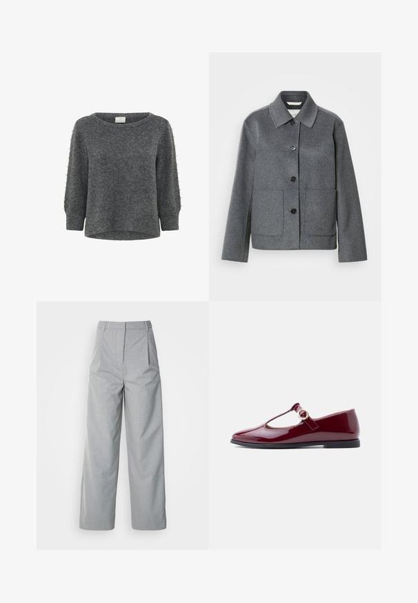 Veste en mélange de laine grise avec col, fermeture boutonnée à l'avant et deux grandes poches. Manches droites avec une texture lisse.; Kaffe KABETTY - Pullover - grey melange; Pantalons larges gris en tissu texturé, avec une taille haute, des plis à l'avant et une coupe droite jusqu'à l'ourlet.; Ballerine Mary Jane en cuir verni bordeaux avec un design ajouré et une boucle dorée sur la bride, dotée d'une semelle noire basse.