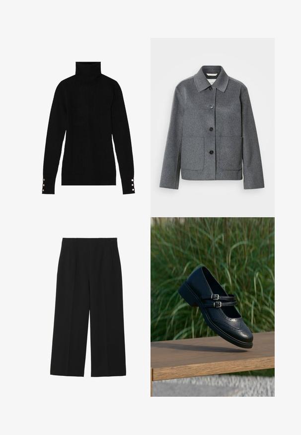 Veste en mélange de laine grise avec col, fermeture boutonnée à l'avant et deux grandes poches. Manches droites avec une texture lisse.; Pull en col roulé noir avec une texture côtelée. Présente des manches longues ajustées avec trois boutons en argent à chaque poignet.; Pantalons larges noirs en tissu lisse, avec deux poches avant, un devant plat, et une fermeture éclair sur le côté.; Chaussure Mary Jane en cuir noir avec doubles brides bouclées et détails brogue, flottant au-dessus d'un banc en bois avec en arrière-plan de l'herbe verte.
