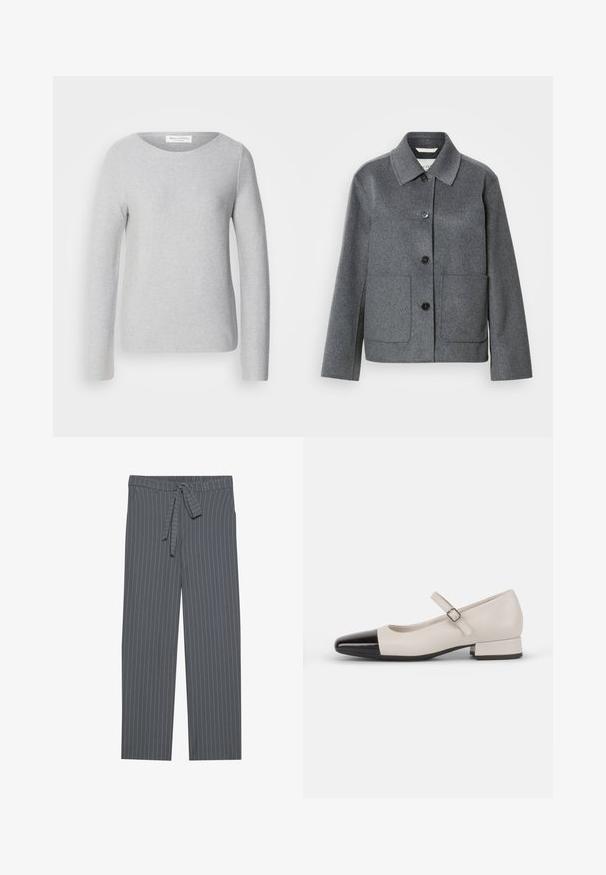 Veste en mélange de laine grise avec col, fermeture boutonnée à l'avant et deux grandes poches. Manches droites avec une texture lisse.; Marc O'Polo LONGSLEEVE BOAT NECK - Pullover - soft stone melange; Pantalons gris à rayures verticales avec une ceinture élastique, un détail à nouer et une coupe ample. Réalisés dans un tissu lisse, ils présentent des rayures verticales.; Chaussure de style Mary Jane en cuir crème avec un bout en vernis noir. Présente un bout rond, une sangle de cheville avec une boucle carrée et un petit talon carré.