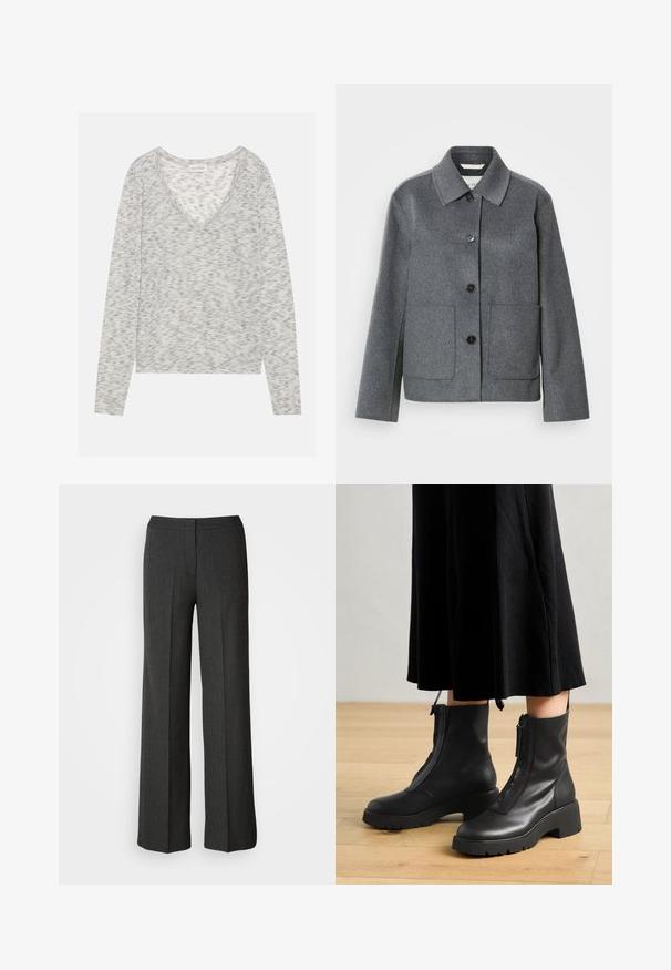 Chaqueta de mezcla de lana gris con cuello clásico, cierre frontal de botones y dos bolsillos grandes. Mangas de corte recto con textura suave.; Top gris de manga larga con un diseño de cuello en V, que presenta una sutil textura moteada y un material de punto suave. La etiqueta dice "ANNA FIELD."; Pantalones de pierna ancha en gris oscuro, hechos de tejido texturizado. Cuentan con una cinturilla ajustada y un sutil patrón de rayas.; Botas de tobillo de cuero negro con suela de plataforma gruesa y cremallera delantera. Textura suave con un diseño minimalista.