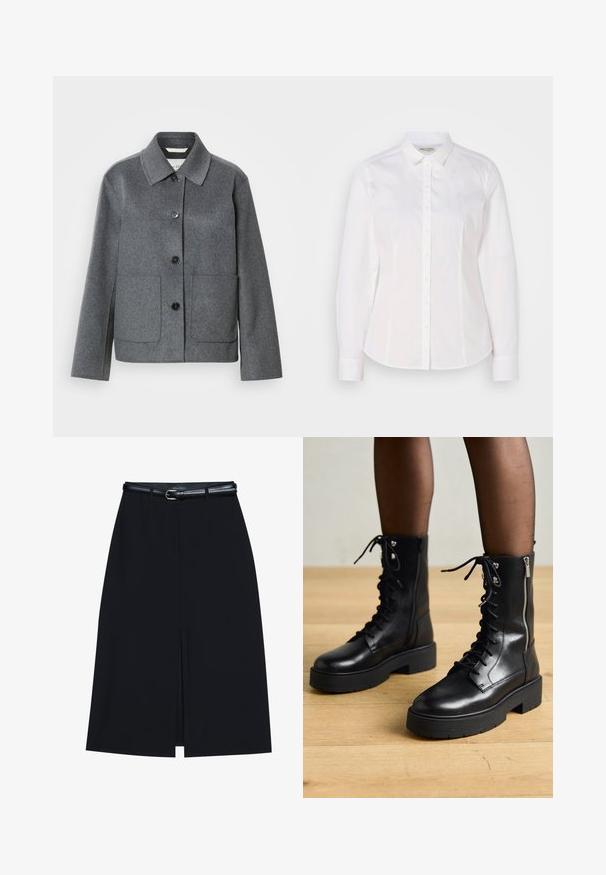 Grijze jas van een wolmix met een kraag, knoopsluiting aan de voorkant en twee grote zakken. Recht gesneden mouwen met een gladde textuur.; Witte button-down shirt van soepel katoen met een klassieke kraag, lange mouwen en een subtiel logo op de borst. Voorzien van een knoopsluiting aan de voorkant.; Zwarte knie-lange rok met een vooraanstaande split, gemaakt van gladde stof. Heeft een dunne zwarte riem met een zilveren gesp en riemlussen.; Zwarte leren veterschoenen met chunky zolen, zijrits en metalen oogjes. Gladde afwerking met variërende textuur op de schacht.