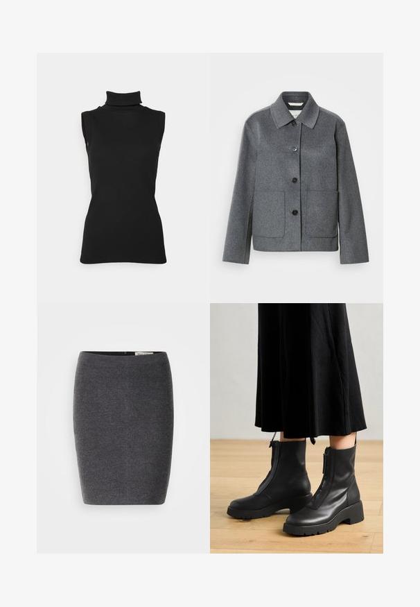 Veste en mélange de laine grise avec col, fermeture boutonnée à l'avant et deux grandes poches. Manches droites avec une texture lisse.; Top noir sans manches en maille côtelée, avec un col haut et une silhouette ajustée. Texture lisse avec un minimum de détails.; Jupe crayon en laine grise avec une texture lisse et un design ajusté, dotée d'une taille discrète et sans décorations visibles.; Bottines en cuir noir avec une semelle plateforme épaisse et une fermeture éclair à l'avant. Texture lisse avec un design minimaliste.