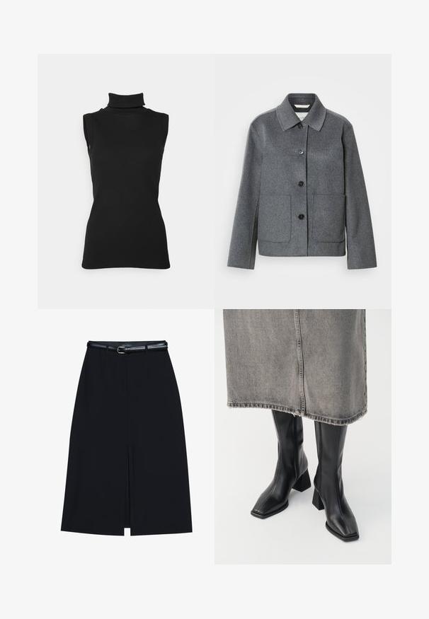 Chaqueta de mezcla de lana gris con cuello clásico, cierre frontal de botones y dos bolsillos grandes. Mangas de corte recto con textura suave.; Top negro sin mangas de cuello alto hecho de tela acanalada, con un cuello alto y una silueta ajustada. Textura suave con un diseño mínimo.; Falda negra hasta la rodilla con una abertura en la parte delantera, hecha de tejido suave. Presenta un delgado cinturón negro con una hebilla plateada y pasadores para el cinturón.; Botas negras hasta la rodilla de cuero liso con punta cuadrada y tacón cuadrado. Llevadas con una falda de mezclilla gris con dobladillo desflecado.