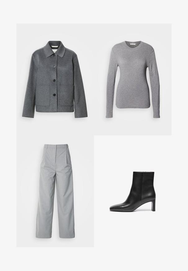 Veste en mélange de laine grise avec col, fermeture boutonnée à l'avant et deux grandes poches. Manches droites avec une texture lisse.; Chemise à manches longues grise en tissu doux, dotée d'un col rond et d'un design ajusté. Texture lisse sans motifs ni accents visibles.; Pantalons larges gris en tissu texturé, avec une taille haute, des plis à l'avant et une coupe droite jusqu'à l'ourlet.; Bottine en cuir noir avec un bout pointu, un talon effilé et une texture lisse ; elle dispose d'une fermeture éclair sur le côté.