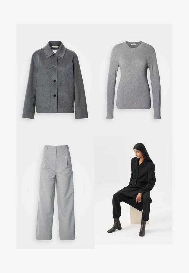 Veste en mélange de laine grise avec col, fermeture boutonnée à l'avant et deux grandes poches. Manches droites avec une texture lisse.; Chemise à manches longues grise en tissu doux, dotée d'un col rond et d'un design ajusté. Texture lisse sans motifs ni accents visibles.; Pantalons larges gris en tissu texturé, avec une taille haute, des plis à l'avant et une coupe droite jusqu'à l'ourlet.; Femme aux longs cheveux foncés assise, portant un blazer noir ample, un pantalon large assorti et des bottines foncées, sur un fond blanc uni.