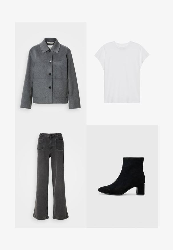 Grijze jas van een wolmix met een kraag, knoopsluiting aan de voorkant en twee grote zakken. Recht gesneden mouwen met een gladde textuur.; Witte t-shirt met korte mouwen, ronde hals, relaxte pasvorm, gemaakt van zacht katoen. Glad textuur, geen patronen of logo's.; Hoge taille, wijd-uitlopende zwarte jeans gemaakt van denim, met een knoopsluiting, riemlussen en twee achterzakken met gestikte accenten.; Zwarte suede enkellaarsjes met een spitse neus en een lage blokhak, met een gladde textuur en een minimalistisch ontwerp.