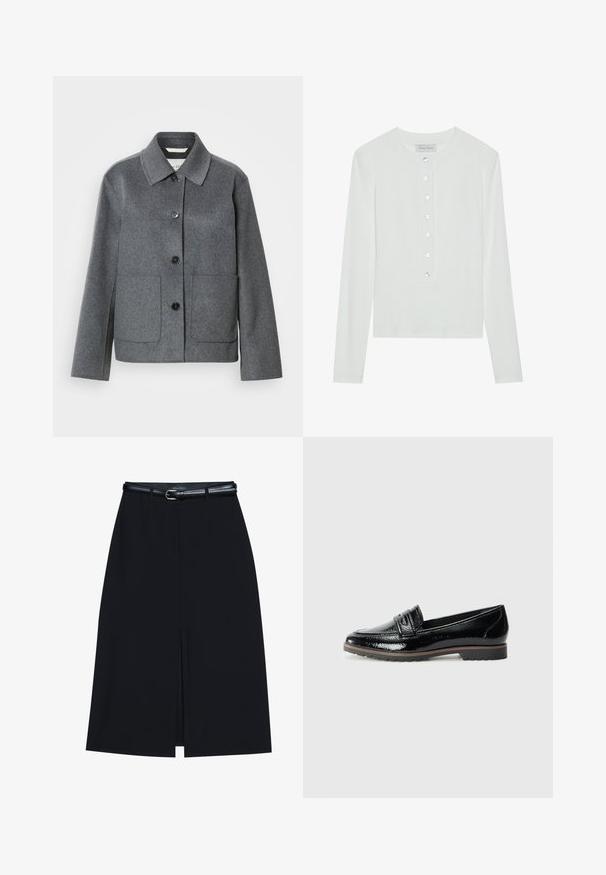 Veste en mélange de laine grise avec col, fermeture boutonnée à l'avant et deux grandes poches. Manches droites avec une texture lisse.; Haut à manches longues blanc en tissu côtelé, avec un col rond et un devant boutonné comportant six boutons transparents.; Jupe noire à mi-cuisse avec une fente frontale, fabriquée en tissu lisse. Comprend une fine ceinture noire avec une boucle en argent et des passants.; Mocassins en cuir verni noir avec un bout rond, descoutures décoratives et un détail de sangle, ainsi qu'une semelle en caoutchouc texturée et basse.