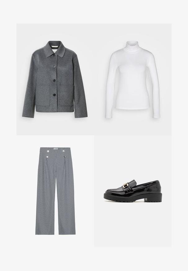 Veste en mélange de laine grise avec col, fermeture boutonnée à l'avant et deux grandes poches. Manches droites avec une texture lisse.; Chemise à col roulé blanc à manches longues en tissu lisse et extensible. Offre une coupe ajustée et un col haut. Pas de motifs ni d'accents visibles.; Pantalons large en vichy noir et blanc avec plis avant et boutons dorés sur la taille. Texture de tissu lisse.; Mocassins en cuir verni noir avec un petit talon bloc, dotés d'une boucle en métal doré proéminente et d'une semelle texturée crantée.