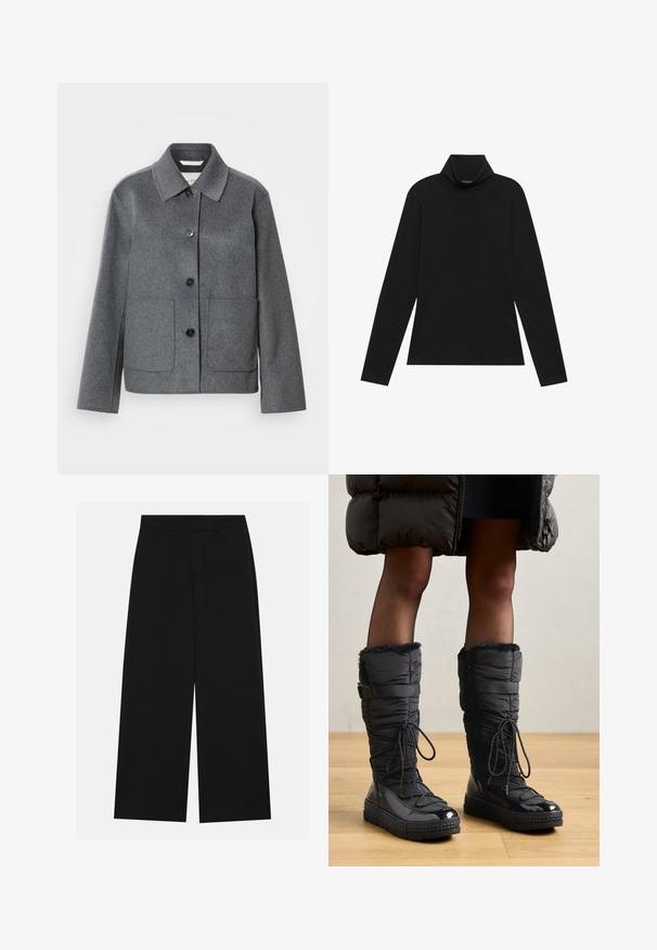 Grå uldblandet jakke med krave, knaplukning foran og to store lommer. Ærmer med lige snit og glat tekstur.; Sort turtleneck med lange ærmer. Blødt stof, tætsiddende design, høj krave og sidesøm. Simpel og alsidig stil, der er velegnet til lag-på-lag.; Breddebenede sorte bukser lavet af et glat stof. Har en flad talje med bæltestropper og ingen synlige lommer. Simpelt design.; Knæhøje sorte pufferstøvler med fake fur kant, skinnende vandtæt overdel, tekstureret sål og justerbar snøre detaljer.