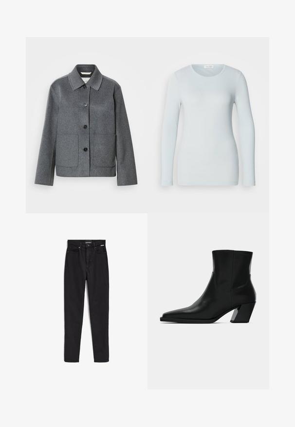 Grijze jas van een wolmix met een kraag, knoopsluiting aan de voorkant en twee grote zakken. Recht gesneden mouwen met een gladde textuur.; Lichtblauwe langmouw T-shirt van ribstoffen. Heeft een ronde halslijn en een slim fit. Soepele textuur zonder zichtbare patronen of versieringen.; Zwarte denim jeans met een rechte pijp design. Beschikt over vijf zakken, een knoopsluiting en een label dat aan de achterkant van de tailleband is gestikt.; Zwarte leren enkelboot met een spitse neus, een slanke silhoeet en een chunky vierkante hak. Gladde textuur met minimale stikdetails.