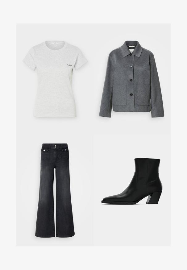 Chaqueta de mezcla de lana gris con cuello clásico, cierre frontal de botones y dos bolsillos grandes. Mangas de corte recto con textura suave.; Camiseta de manga corta de color gris claro con tejido acanalado, cuello redondo y pequeño logo negro de "Pepe Jeans" en el lado izquierdo del pecho.; Pantalones vaqueros de mezclilla negra de pierna ancha con una cintura alta, botones en la parte frontal y dos bolsillos delanteros; textura suave con un ligero acabado desvanecido.; Bota de tobillo de cuero negro con punta afilada, una silueta elegante y un tacón cuadrado grueso. Textura suave con detalles de costura mínimos.