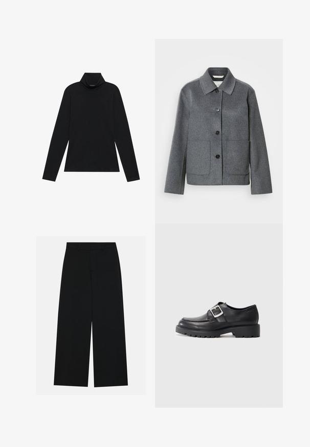 Grijze jas van een wolmix met een kraag, knoopsluiting aan de voorkant en twee grote zakken. Recht gesneden mouwen met een gladde textuur.; Zwarte langetermijn turtleneck. Zachte stof, getailleerd design, hoge kraag en zijnaad. Eenvoudige en veelzijdige stijl die geschikt is voor het laagjes dragen.; Zwart, wijde broek van een gladde stof. Heeft een plat tailleband met riemlussen en geen zichtbare zakken. Eenvoudig ontwerp.; Zwarte leren schoenen met een ronde neus, voorzien van een zijbuckle en een dikke, robuuste zool. Glad textuur met minimale stiksels.