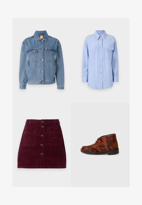 Blå denimjakke med klassisk krave, knappet front, to brystlommer med klapper og subtile syninger.; Lysblå skjorte med knaplukning lavet af tekstureret stof, med krave, brystlomme og metalknapper langs fronten.; Burgunderfarvet kordfløjlsskjorte med høj talje, fem frontknapper og to forlommer; tekstureret stof med lodret ribbede mønster.; Brune ruskinds ankelstøvler med camouflage mønster, der har en rund tå, snørebåndslukning og en sort gummisål.