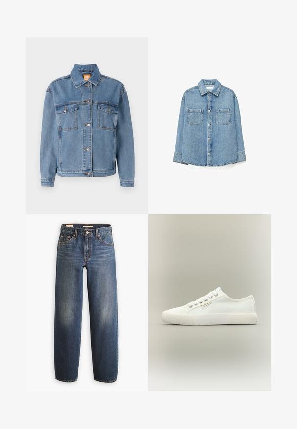 Blauwe denimjacket met een klassieke kraag, knopen aan de voorkant, twee borstzakken met kleppen en subtiele stikdetails.; Lichtblauw denim overhemd met knopen, twee borstzakken en lange mouwen, weergegeven op een effen witte achtergrond.; Donkerblauwe spijkerbroeken met een rechte pijp, voorzien van vijf zakken, koperen klinknagels en subtiele vervaging op de dijen.; Witte lage canvas sneaker met een getextureerde rubberen zool, witte veters en een klein Calvin Klein-label aan de zijkant.
