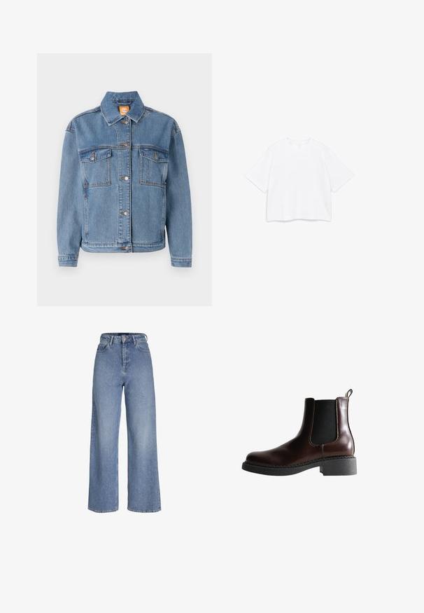Chaqueta de denim azul con cuello clásico, cierre de botones, dos bolsillos en el pecho con solapas y sutiles detalles de costura.; Camiseta blanca de manga corta con cuello redondo y un ajuste ancho y suelto, mostrada sobre un fondo blanco liso.; Vaqueros de mezclilla azul claro de talle alto con perneras anchas, cierre frontal con botón y cremallera, y diseño de cinco bolsillos.; Botín de cuero marrón con paneles laterales elásticos, puntera redonda y suela de goma negra texturizada. Presenta costuras en contraste y una pestaña para facilitar el calce.