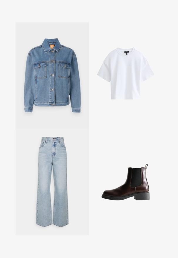 Blå denimjakke med klassisk krave, knappet front, to brystlommer med klapper og subtile syninger.; Simpel hvid kortærmet crop top med rund halsudskæring og sort mærke indeni kraven.; Lysblå denim brede ben jeans med høj talje, klassisk fem-lomme design og kontrasterende syninger. Uslebne kanter i bunden.; Brune læder ankelstøvle med elastiske sidepaneler, rund tå og en struktureret sort gummisål. Har kontrasterende syninger og en trækflap.