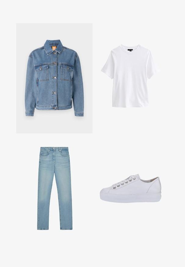 Chaqueta de denim azul con cuello clásico, cierre de botones, dos bolsillos en el pecho con solapas y sutiles detalles de costura.; Camiseta blanca lisa de manga corta y cuello redondo con una etiqueta negra en el interior del cuello sobre un fondo blanco.; Vaqueros azul claro de tiro alto y pernera recta, con bolsillos delanteros y de moneda, cierre frontal con botones y sutil desgaste en los muslos.; Zapatillas de cuero blanco con una textura suave, punta redonda y suela blanca elevada. Presentan ojales plateados y cordones planos.