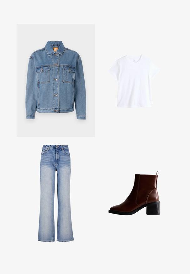 Chaqueta de denim azul con cuello clásico, cierre de botones, dos bolsillos en el pecho con solapas y sutiles detalles de costura.; Camiseta blanca de algodón con mangas cortas, escote redondo y bajo recto. Presenta una pequeña etiqueta con logo rojo en el lado inferior izquierdo.; Jeans de mezclilla de un azul claro, de pierna ancha, con cintura alta, cierre de botón, un ligero desvanecimiento y un diseño clásico de cinco bolsillos.; Botín de cuero marrón hasta el tobillo con punta cuadrada y costura lateral, un tacón apilado de 3 pulgadas y una lengüeta en la parte posterior para facilitar su colocación.