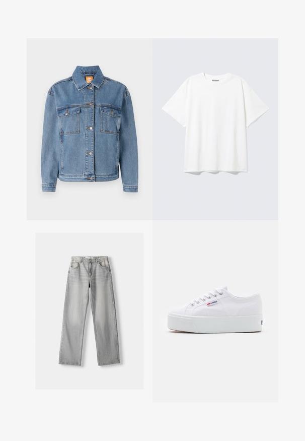 Blaue Jeansjacke mit klassischem Kragen, Knopfverschluss, zwei Brusttaschen mit Klappen und dezenten Stickdetails.; Weißes T-Shirt mit kurzen Ärmeln, Rundhalsausschnitt und entspanntem Schnitt mit einem "WEEKDAY" Etikett an der Innenseite des hinteren Halsbereichs.; Helle graue Jeans aus Denim mit geradem Bein, ausgestattet mit zwei vorderen Taschen, einem Knopfverschluss und subtilen Abnutzungen für Struktur.; Weiße Leinenschuhe mit einer dicken weißen Plattformsohle, runder Zehenpartie und Metallösen für die Schnürsenkel. Markenlogo an der Seite angebracht.