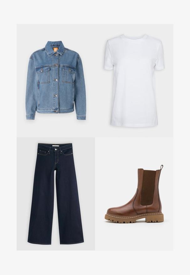 Blaue Jeansjacke mit klassischem Kragen, Knopfverschluss, zwei Brusttaschen mit Klappen und dezenten Stickdetails.; Schlichtes weißes T-Shirt mit kurzen Ärmeln und Rundhalsausschnitt, normaler Passform und einem kleinen Innenhalsetikett mit der Aufschrift „SELECTED FEMME.“; Weite Jeans aus dunkelblauem Denim mit orangefarbenen Nähten, Knopfverschluss, zwei vorderen Taschen und einer glatten Textur. Verfügt über einen sauberen Saum.; Braune Leder-Ankle-Boots mit elastischen Einsätzen und einem Ziehschlaufe. Sie verfügen über eine robuste Gummisohle und sichtbare Nahtdetails entlang der Kanten.