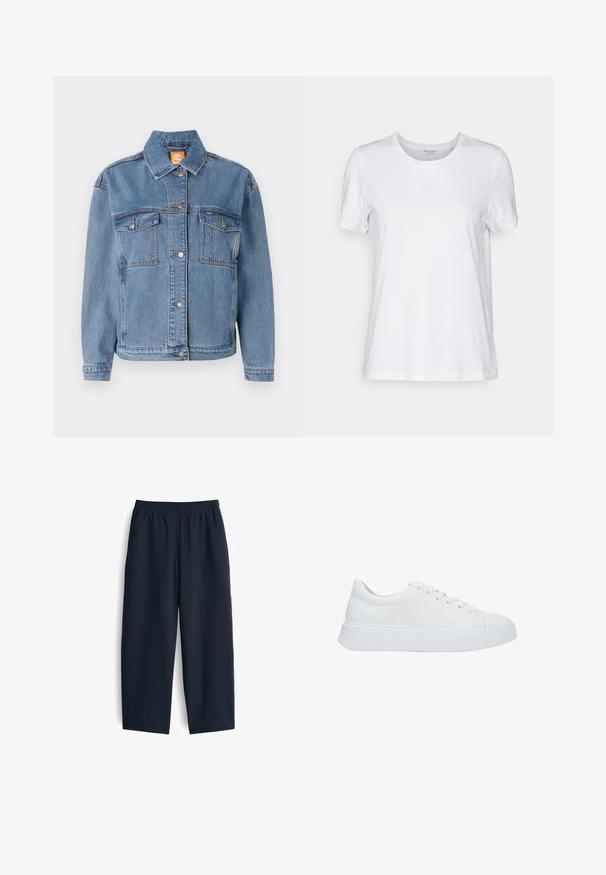 Blauwe denimjacket met een klassieke kraag, knopen aan de voorkant, twee borstzakken met kleppen en subtiele stikdetails.; Witte korte mouwen t-shirt gemaakt van zachte stof met een ronde hals en een relaxte pasvorm. De zoom is recht en bevat geen patronen of accenten.; Navy blauwe broek van gladde stof, met een elastische tailleband, twee zijzakken en een relaxte pasvorm met rechte pijpen.; Witte leren sneakers met een ronde neus, platte veters en een dikke rubberen zool. Gladde textuur met minimale stikseldetails.