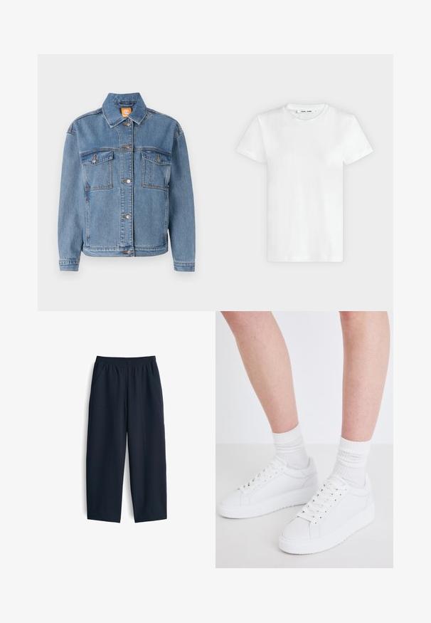 Blauwe denimjacket met een klassieke kraag, knopen aan de voorkant, twee borstzakken met kleppen en subtiele stikdetails.; Effen witte T-shirt met korte mouwen en ronde hals, plat liggend op een lichtgrijze achtergrond, met voorzijde en label aan de binnenkant van de halslijn zichtbaar.; Navy blauwe broek van gladde stof, met een elastische tailleband, twee zijzakken en een relaxte pasvorm met rechte pijpen.; Copenhagen Studios CPH72 - Sneakers laag - white