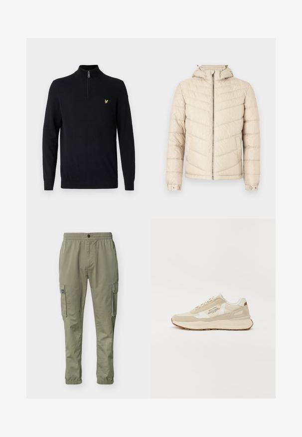 Beige dunjakke med quiltet design, lynlåslukning foran, justerbar hætte og trykknapper ved ærmekanterne. Fremstillet af let, blankt materiale.; Sort zip-hals sweater lavet af et glat stof, med lange ærmer og et lille gult logo på venstre bryst.; Lysegrønne cargobukser med elastisk talje og manchetter, forrest med knap, lynlås og sidelommer med klap.; Beige sneaker med ruskind og mesh-materialer, polstret krave, flade snørebånd og gummisål. Har et hvidt logo på siden.