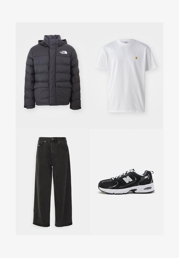 Mustaline polsterdatud jope, millel on kõrge krae ja reguleeritav kapuuts, ning millel on North Face'i logo. Kaks esistoorikut, millel on sile tekstuur.; Valge puuvillane t-särk lühikeste varrukatega, ümmargune kaelus, millel on väike kuldne logo vasakul rinnal. Pehme tekstuur ja regulaarne lõike.; Obey Clothing BIGWIG BAGGY - Baggy fit teksad - black; Must värvi ja hallid spordijalatsid, mille ülemine osa on valmistatud võrgust ja nahast, valge vaheosaga, paeltega ja küljel julge "N" logo.