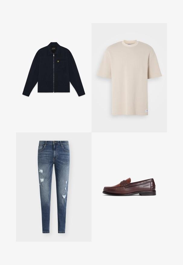 Marineblå zip-up jakke med krave, lange ærmer, forreste brystlomme og lille gul fugle-logo på lommen.; Beige ribbet t-shirt med rund hals og korte ærmer, der har et synligt mærkelabel i nederste venstre hjørne.; Smaltsiddende blå denimjeans med slidte detaljer, flere revner og en falmet vask. Har fem-lomme-design og bæltestropper.; Brun læderloafer med en glat finish, der har en dekorativ rem og syningsdetaljer. Lav hæl og afrundet tådesign.