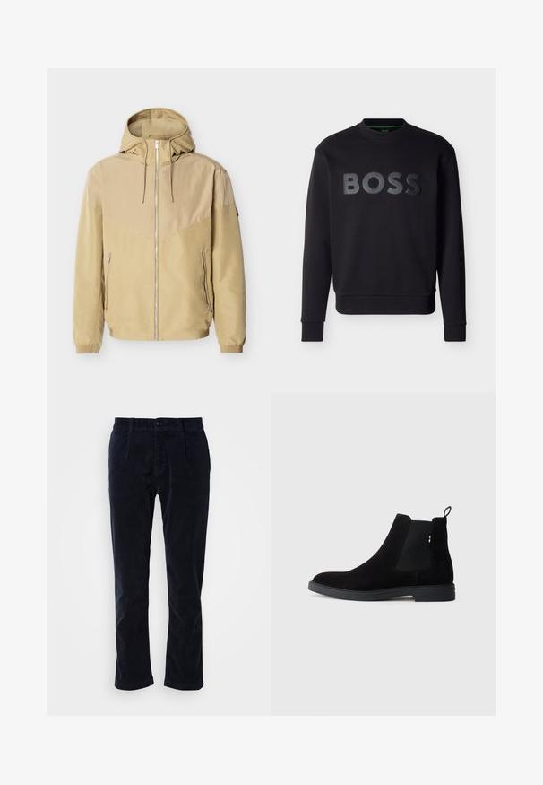 Beige hættejakke med fuld lynlås foran, to sidelommer med lynlås, elastiske manchetter og farveblok-design på ærmer og bryst.; Sort langærmet crewneck-sweatshirt med hævet sort BOSS-logo centreret foran samt ribstrikkede manchetter og kant.; Mørkeblå kordfløjl bukser med glat front, to forlommer og en enkelt knaplukning. Blød tekstur, let taperede ben.; Sorte suede Chelsea støvler med elastiske sidepaneler, rund tå og en lav gummisål. Har en pull tab bagpå for nem påtagning.