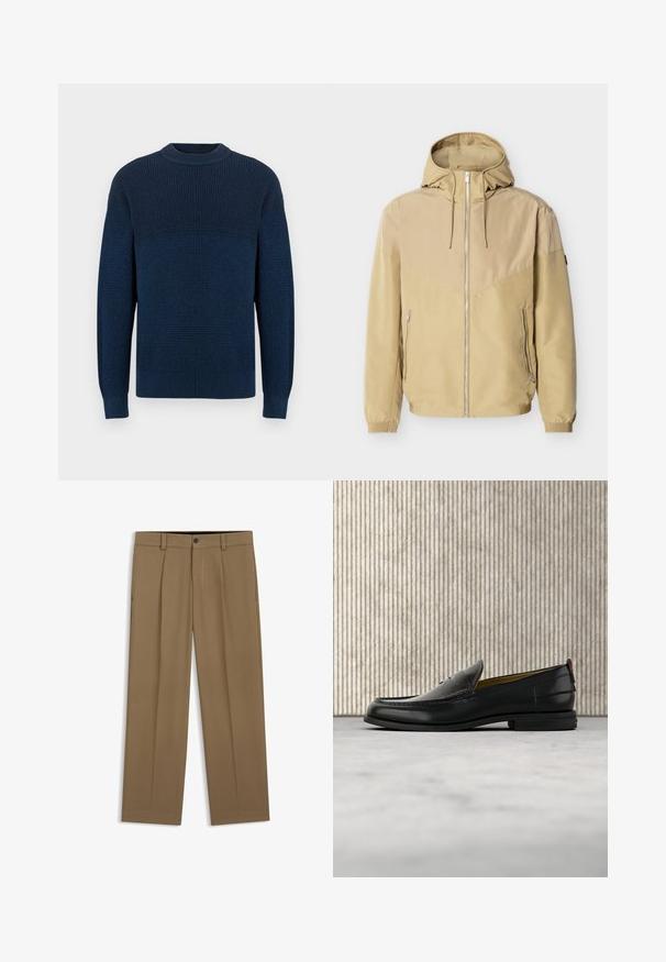 Veste beige à capuche avec fermeture éclair intégrale à l'avant, deux poches latérales zippées, poignets élastiques et design bicolore sur les manches et la poitrine.; Pull en maille bleu marine avec un col rond haut et des manches longues, présentant un motif gaufré texturé et des poignets et un ourlet côtelés.; Pantalon droit marron avec passants de ceinture, bouton sur le devant et fermeture éclair, présenté à plat sur fond blanc.; Mocassin pour homme en cuir noir avec un dessus embossé effet croco et un petit talon, présenté de profil sur un fond neutre.