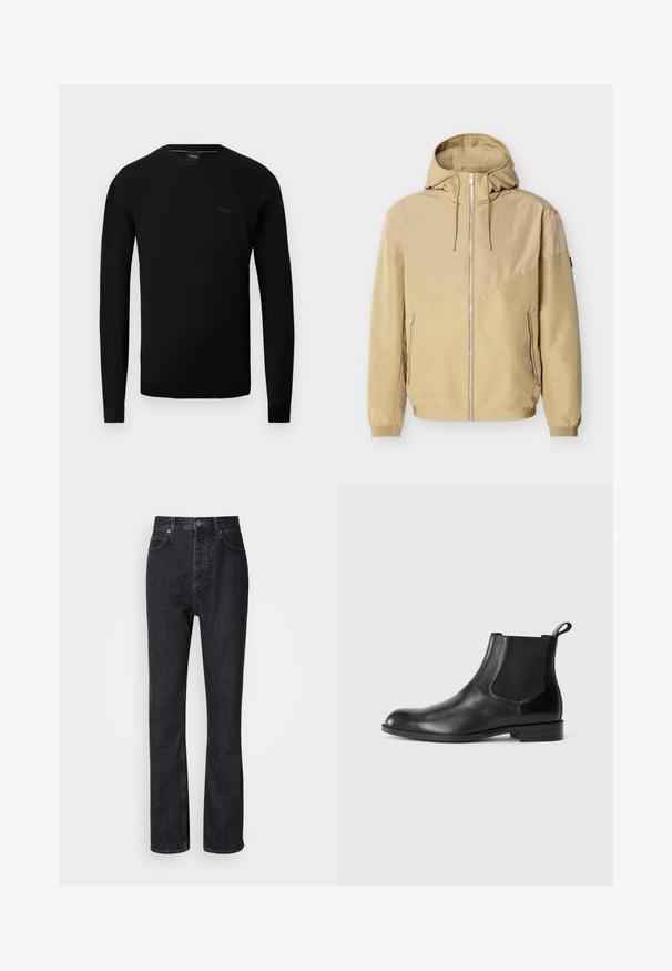 Veste beige à capuche avec fermeture éclair intégrale à l'avant, deux poches latérales zippées, poignets élastiques et design bicolore sur les manches et la poitrine.; Pull noir à manches longues pour homme avec col rond, texture subtile sur les épaules et logo "BOSS" sur la poitrine à gauche.; Jean en denim noir taille haute avec fermeture à bouton et à glissière, poches avant et arrière, et coupe droite.; Bottine en cuir noir avec des panneaux latéraux élastiques, bout rond et tirette. Texture lisse, semelle plate, design minimaliste.