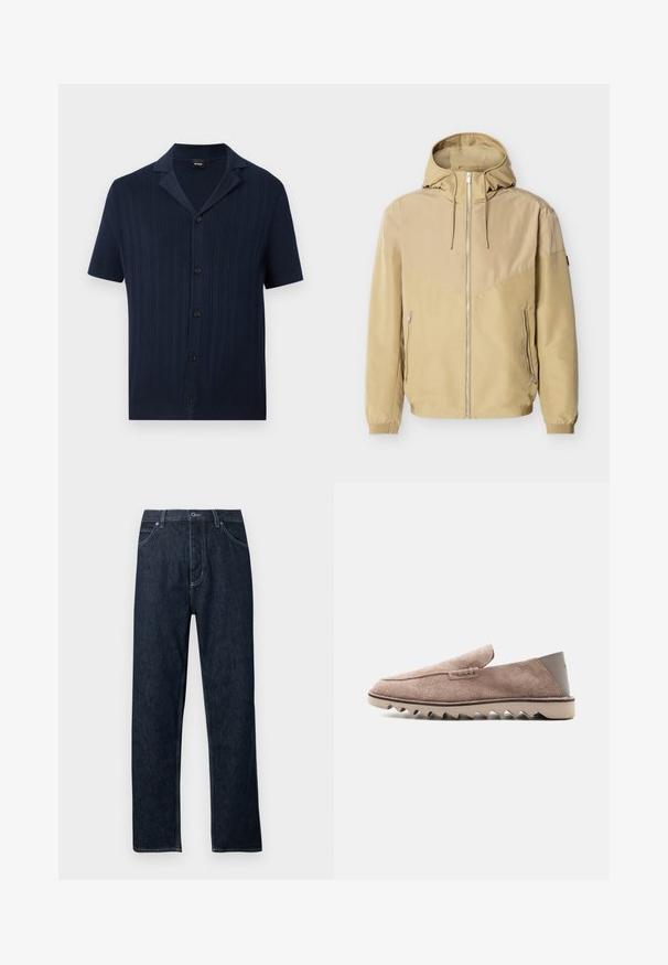 Veste beige à capuche avec fermeture éclair intégrale à l'avant, deux poches latérales zippées, poignets élastiques et design bicolore sur les manches et la poitrine.; Chemise en maille bleu marine à manches courtes avec texture côtelée verticale, patte de boutonnage devant et col ouvert de la marque BOSS.; Jean en denim foncé avec une coupe droite, cinq poches, des accents de couture bleue et une fermeture à boutons. Propre, sans motifs visibles.; Mocassin en daim marron clair avec semelle en caoutchouc en zigzag et patch talon lisse, vue latérale sur fond blanc uni.