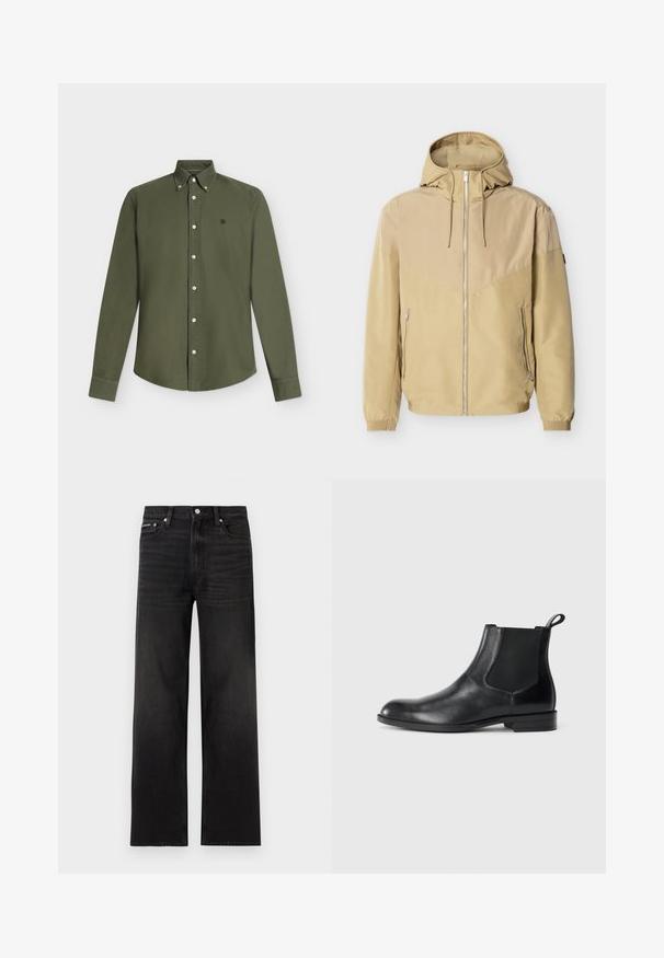 Veste beige à capuche avec fermeture éclair intégrale à l'avant, deux poches latérales zippées, poignets élastiques et design bicolore sur les manches et la poitrine.; Chemise olive à manches longues avec boutons et col boutonné, petit logo brodé sur la poitrine gauche.; Jean noir droit avec cinq poches, passants pour ceinture et fermeture par bouton, présenté sur un fond blanc.; Bottine en cuir noir avec des panneaux latéraux élastiques, bout rond et tirette. Texture lisse, semelle plate, design minimaliste.