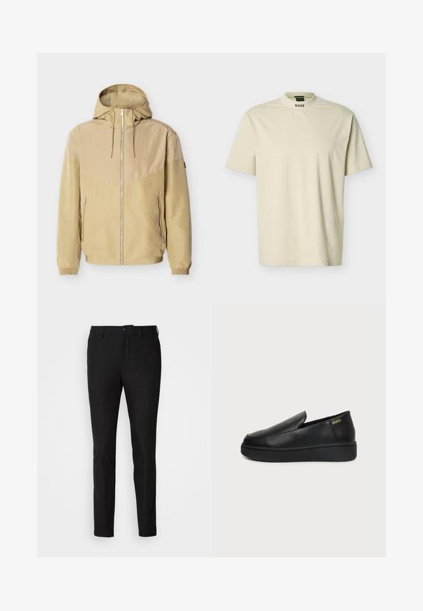 Chaqueta beige con capucha y cremallera frontal completa, dos bolsillos laterales con cremallera, puños elásticos y diseño bicolor en las mangas y el pecho.; Camiseta de manga corta beige con cuello alto y redondo y texto "BOSS" impreso en la parte delantera del cuello.; Pantalones negros de corte ajustado, con cierre de botón, cremallera y dos bolsillos frontales. Tejido suave con un acabado mate.; Zapato de cuero negro tipo slip-on con suela gruesa y pequeños orificios de ventilación laterales, con el logo dorado de "HUGO" cerca del talón.