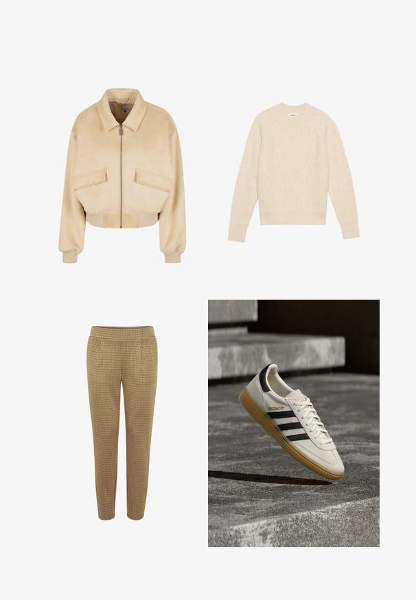 Chaqueta beige cortada en un tejido suave, que presenta un cierre frontal, dos bolsillos con solapa, puños acanalados y un logo bordado.; Suéter de punto color crema con un patrón de hojas, cuello redondo y puños acanalados. Textura suave con un ajuste ligeramente relajado.; Pantalones de cuadros marrones con forma ajustada, cinturilla elástica y dos bolsillos laterales. La tela tiene una textura suave con un patrón a cuadros.; Zapatilla blanca Adidas Spezial con rayas negras y suela de goma flotando sobre escalones de piedra grises al aire libre.