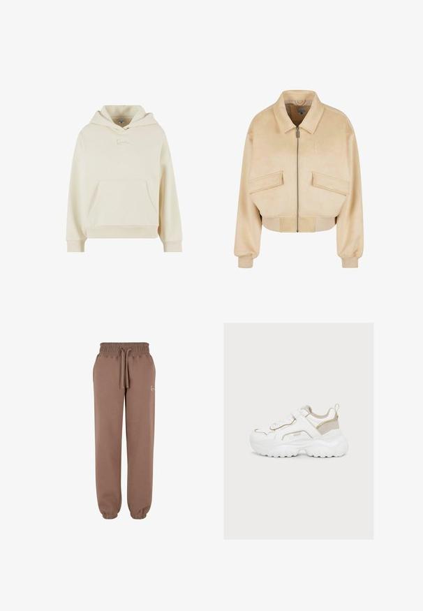 Kort beige jasje van zachte stof, met een voorrits, twee klepzakken, ribbelmanchetten en een geborduurd logo.; Crème hoodie gemaakt van zachte stof. Heeft een voorzak en een subtiel geborduurd logo. Relaxte pasvorm met ribbelboorden en -zoom.; Karl Kani SMALL SIGNATURE ESSENTIAL - Trainingsbroek - taupe; Witte chunky sneaker met beige accenten, dikke zool, veters aan de voorkant, klittenbandsluiting en hieltreklip tegen een effen lichte achtergrond.