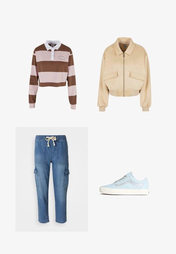 Afskåret beige jakke i blødt stof, med en frontlynlås, to klaplommer, ribbede manchetter og et broderet logo.; Brun og lyserød stribet langærmet polo shirt med hvid krave, har et logo patch og et cropped design. Blødt bomuldsmateriale.; Lyseblå denim cargo bukser med elastisk talje og justerbar snor. Har to sidelommer og en cargo lomme på benet.; Lyseblå lærredsneakers med sølvdetaljer, tekstureret stof og hvid gummisål. Har runde snørebånd og en klassisk silhuet.