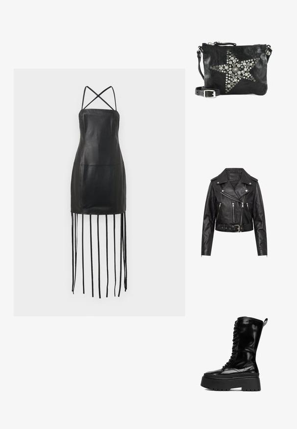 Chaqueta de cuero negro para motorista con cremallera asimétrica, tres bolsillos con cremallera, cuello con botones a presión, hombreras y cintura con cinturón.; Vestido de cuero negro con finas tirantes cruzados en la espalda, cuerpo ajustado y detalles de flecos colgando del dobladillo. Textura suave y diseño minimalista.; Bota alta de charol negra hasta la rodilla con suela gruesa negra, frente con cordones y un lazo en la parte superior para facilitar su uso.; Campomaggi Bandolera - nero