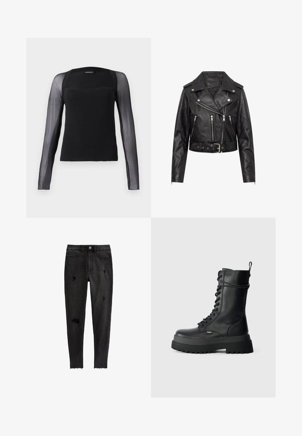 Chaqueta de cuero negro para motorista con cremallera asimétrica, tres bolsillos con cremallera, cuello con botones a presión, hombreras y cintura con cinturón.; Top negro de manga larga con un cuerpo sólido y mangas de malla negra transparente. Presenta un escote cuadrado y una textura suave.; Vaqueros negros ajustados de mezclilla, con detalles desgastados, cintura alta, cinco bolsillos y un dobladillo sin rematar en los tobillos.; Botas de tobillo de cuero negro con cordones, suela de goma gruesa, parte superior texturizada y tirador lateral. Presentan un acento de logo en el costado.