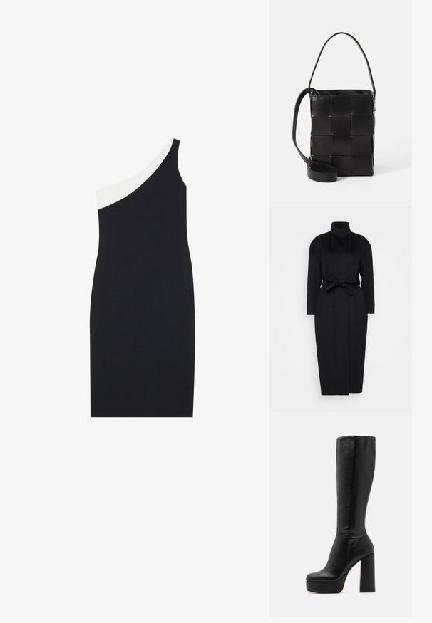 Manteau noir à manches longues en tissu doux, doté d'un col haut et d'une ceinture nouée à la taille, avec une silhouette droite et des détails de design minimaux.; Robe asymétrique avec un corps noir et un panneau d'épaule blanc. Fabriquée en tissu lisse avec une silhouette ajustée. Aucun matériel visible.; Bottes noires montantes en cuir lisse avec une finition texturée, dotées d'un talon bloc haut et d'un design à bout rond.; Sac en cuir noir avec un design tissé. Forme rectangulaire, courte anse et sangle ajustable. Texture lisse avec une finition mate.