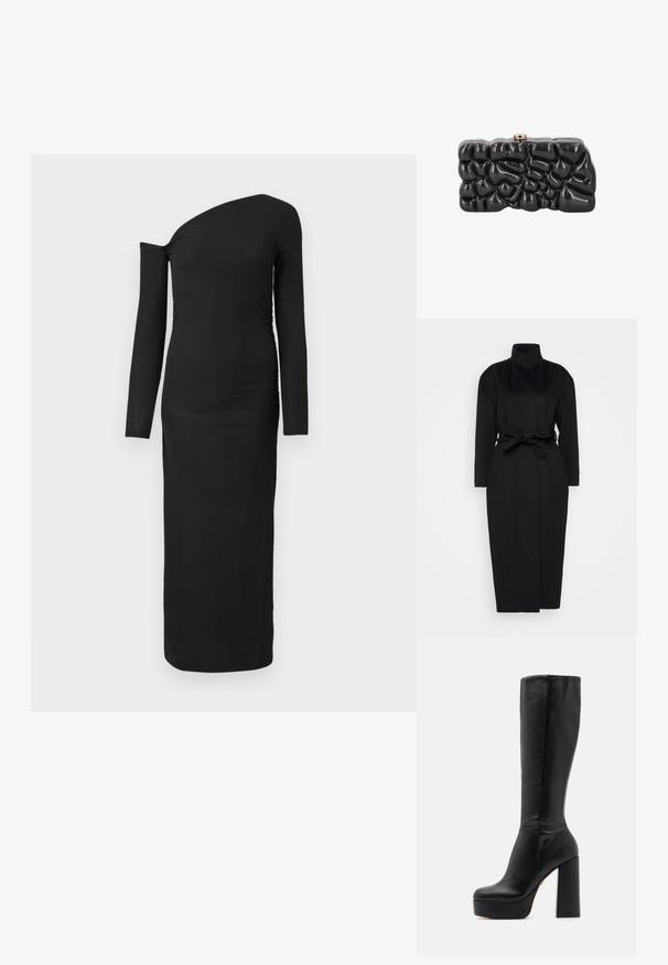 Schwarzer langärmeliger Mantel aus weichem Stoff, mit hohem Kragen und einem gebundenen Taillengürtel, gerader Silhouette und minimalen Designdetails.; Schwarzes, eng anliegendes Langarmkleid mit asymmetrischem Ausschnitt und gerafftem Seitendetail, aus geripptem Stoff gefertigt.; Schwarze knielange Stiefel aus glattem Leder mit strukturierter Oberfläche, ausgestattet mit einem hohen Blockabsatz und einem runden Zehendesign.; Glänzende schwarze Clutch mit abstrakter, strukturierter Oberfläche und kleinem Metallverschluss oben, vor weißem Hintergrund dargestellt.